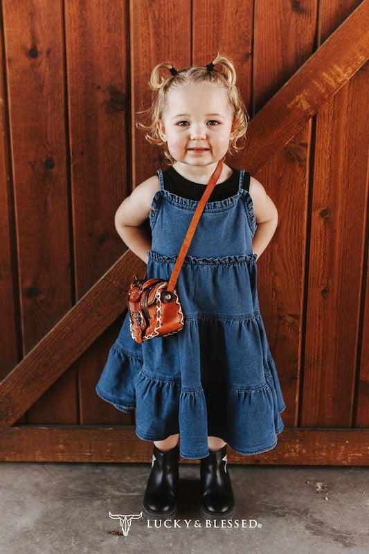 Girls Mid Wash Adjustable Strap Denim Ruffle Dress