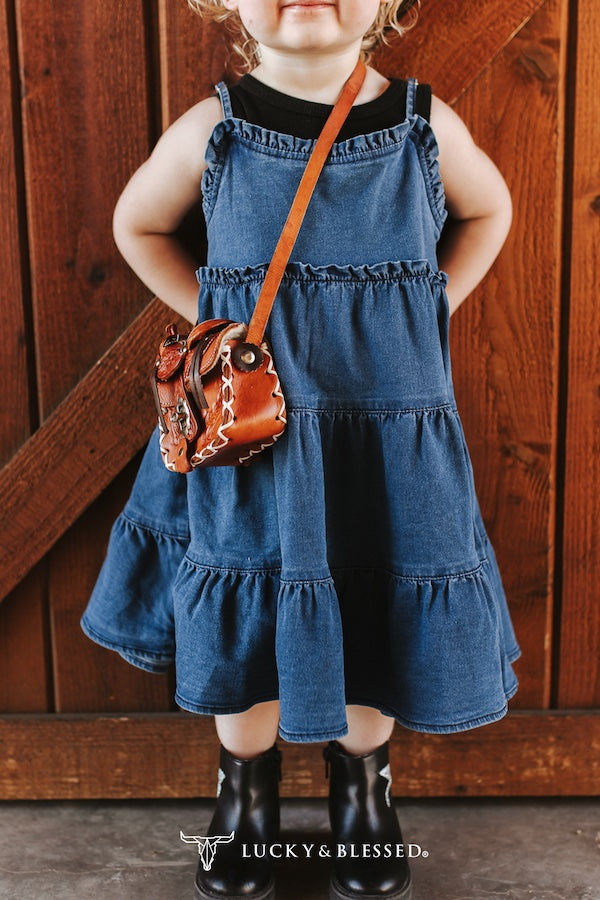 Girls Mid Wash Adjustable Strap Denim Ruffle Dress
