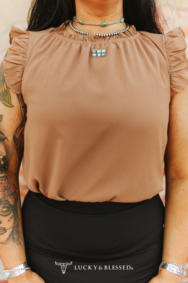 Camel Ruffle Sleeveless Blouse