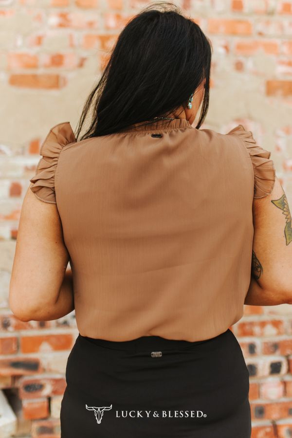 Camel Ruffle Sleeveless Blouse