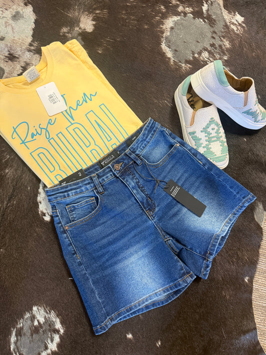 Stone Wash Mid Rise Stretch Denim Shorts (5in Inseam)