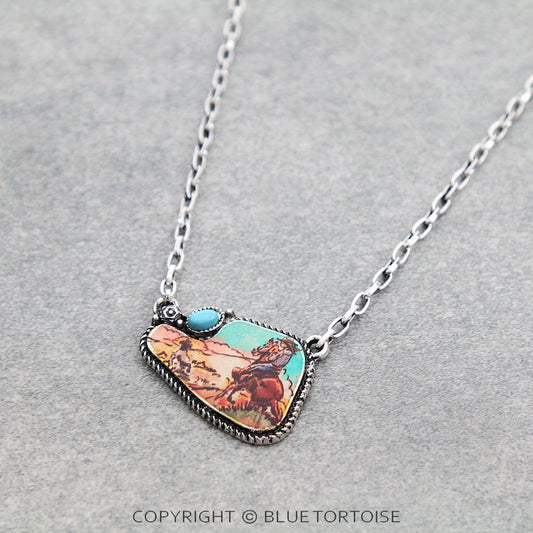 Western Cowgirl Scenery Print Pendant Necklace