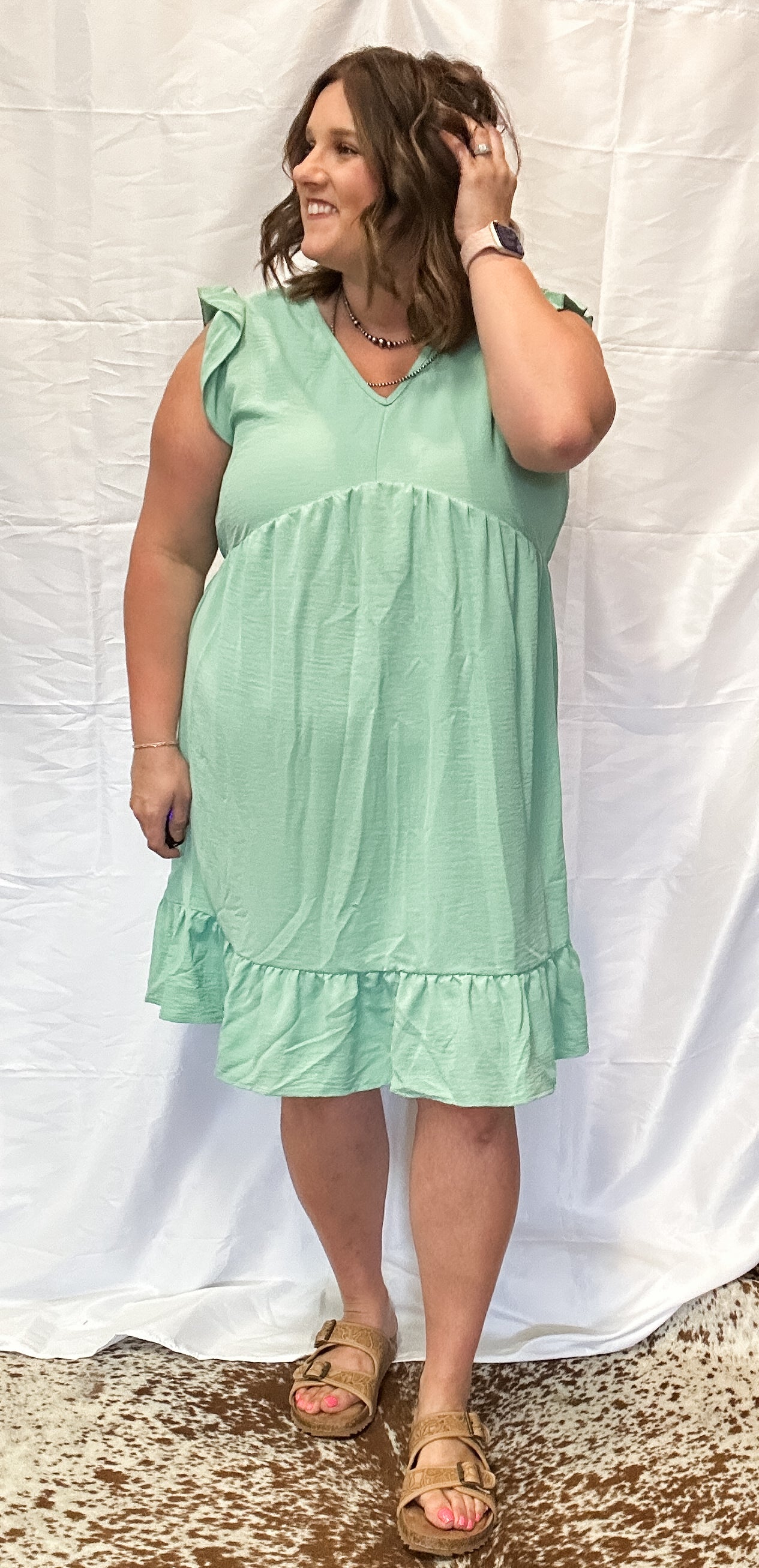 Cap Sleeve Dusty Sage Ruffle Dress