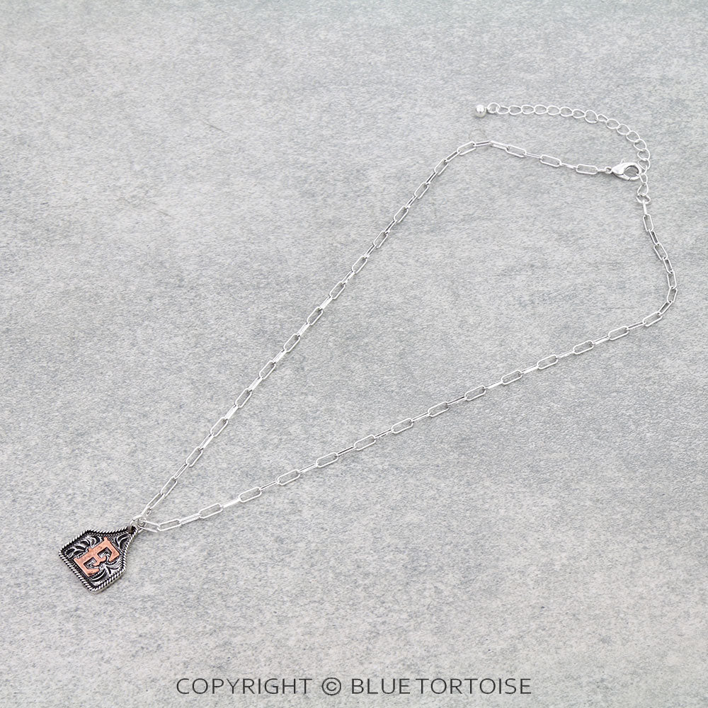 Western Etched Ear Tag Initial Necklace- Letter E