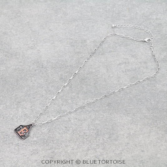 Western Etched Ear Tag Initial Necklace- Letter E