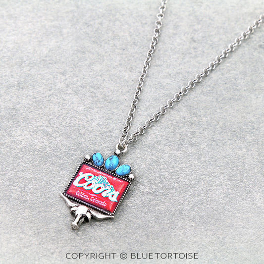 Western Logo Print Steer Skull Pendant Necklace