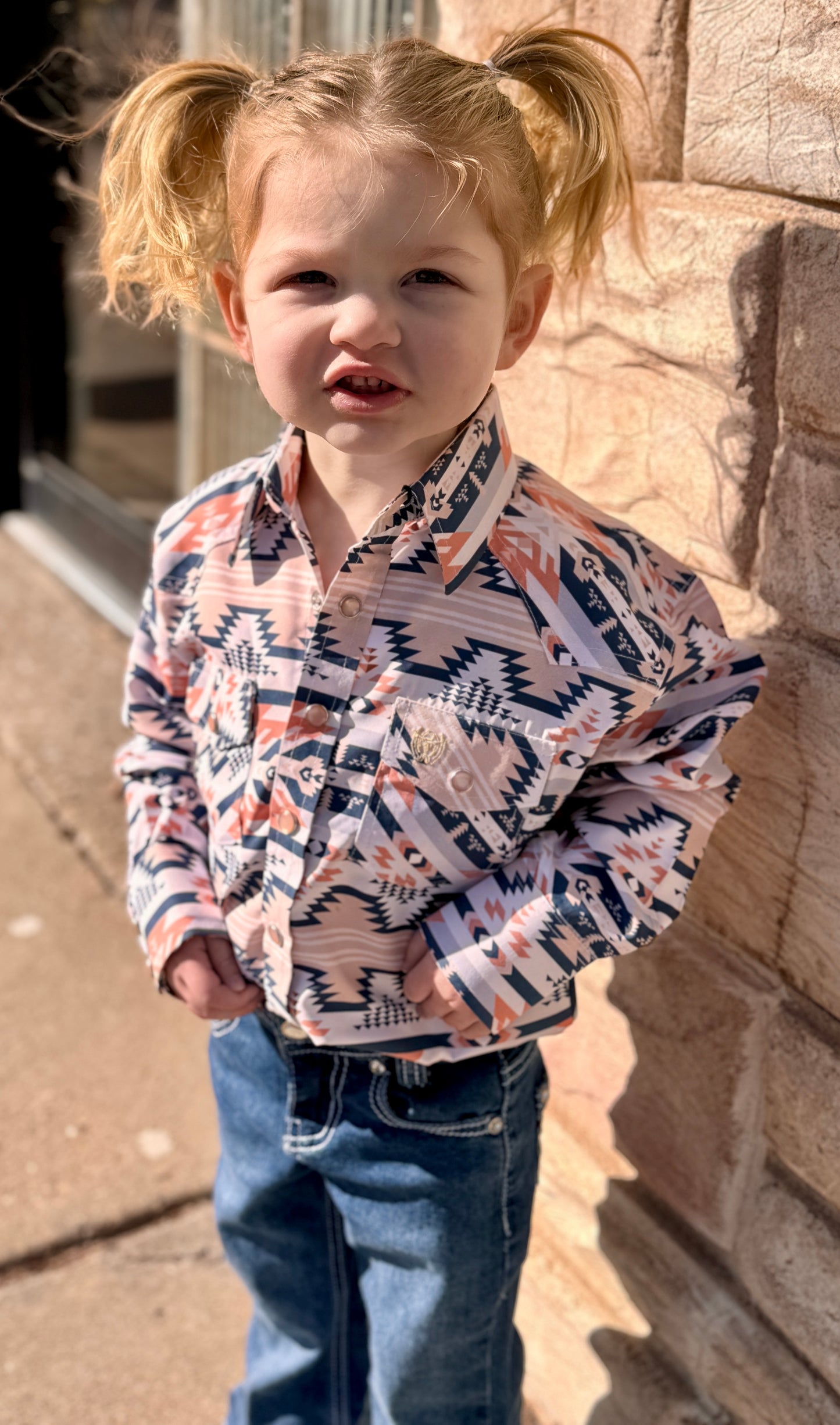 Peach Aztec Girls Long Sleeve Button UP