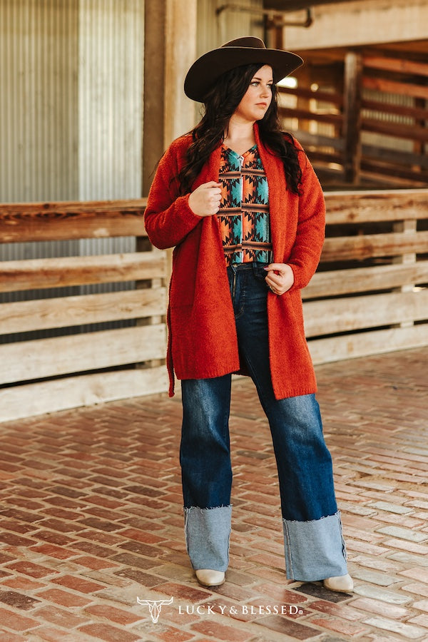 Rust Long Sleeve Knitted Cardigan