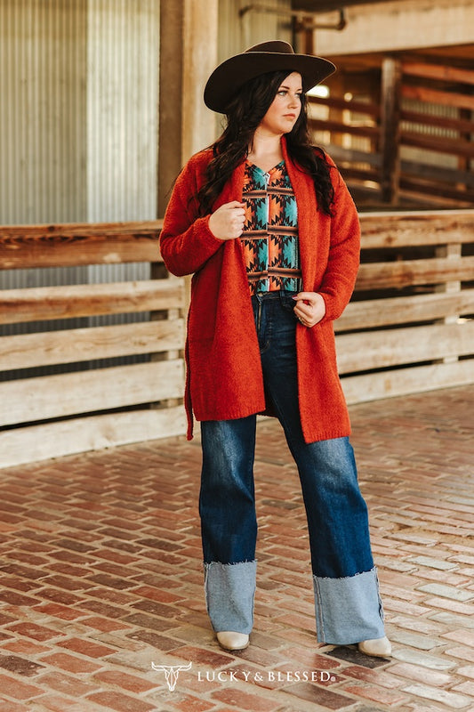 Rust Long Sleeve Knitted Cardigan