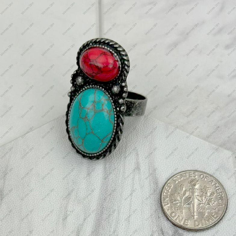 Red and Turquoise Stone Adjustable Ring