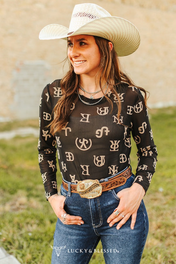 Black Beige Branded Burnout Mesh Long Sleeve
