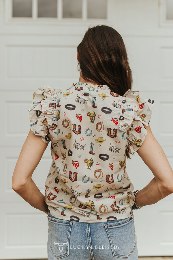 Sand Western Print Split Neck Top