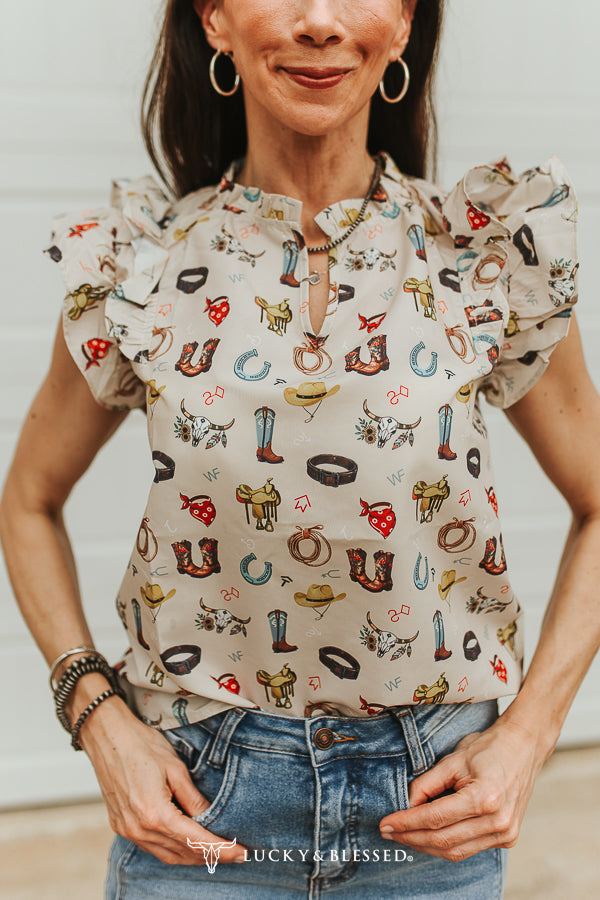 Sand Western Print Split Neck Top