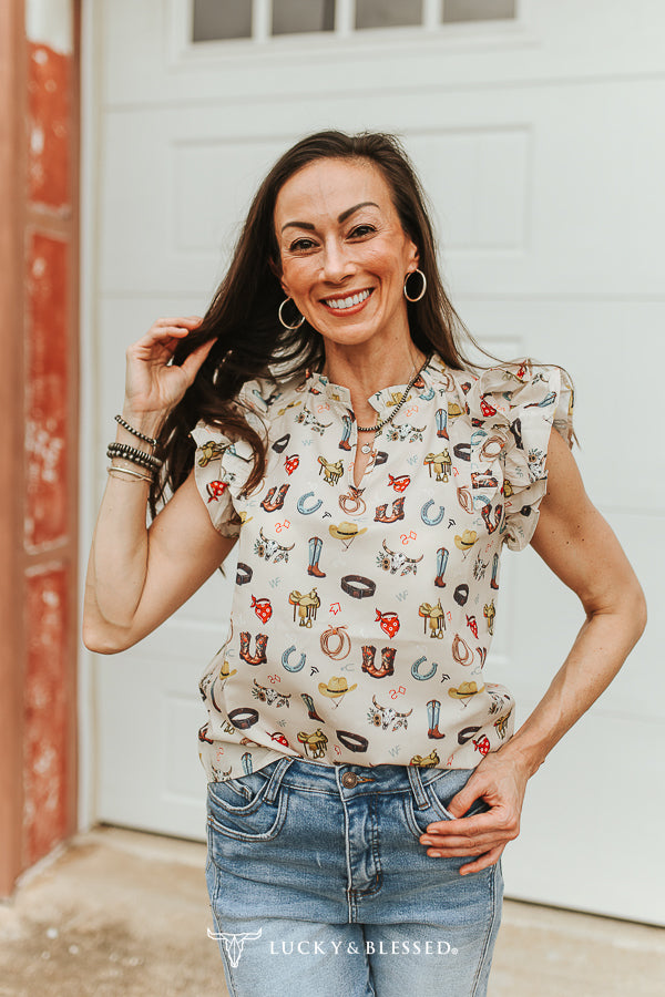 Sand Western Print Split Neck Top