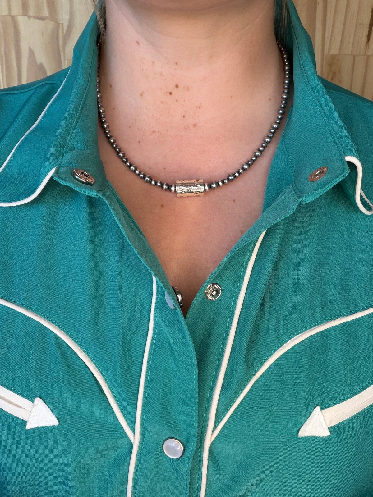 #051 Sterling Pearl Barrel Bead Necklace 