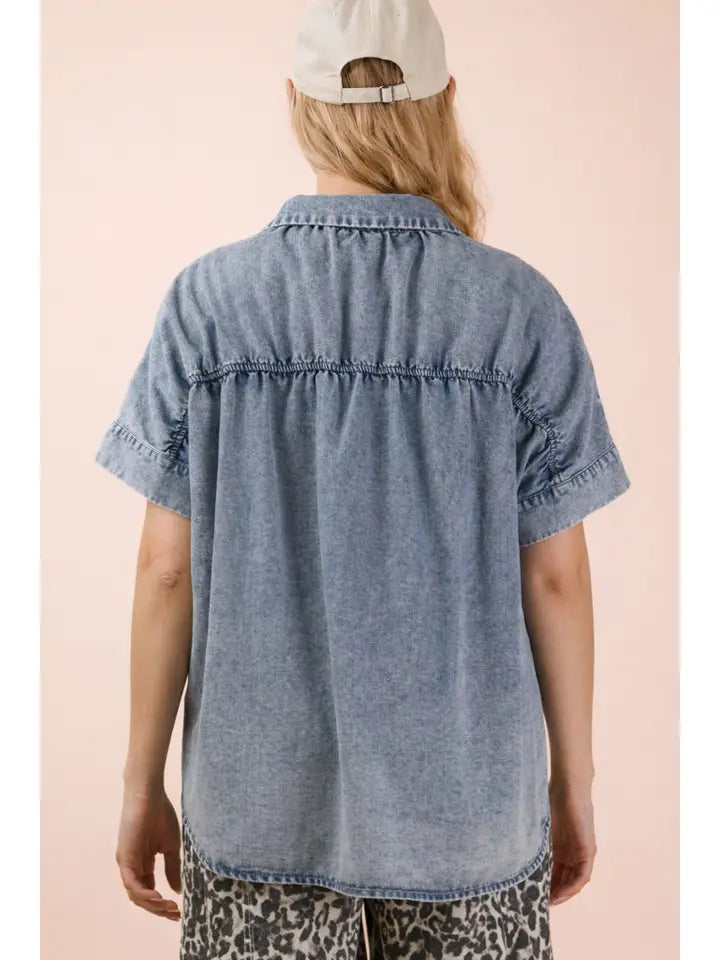 Mineral Washed Chambray Oversized Shirt Top