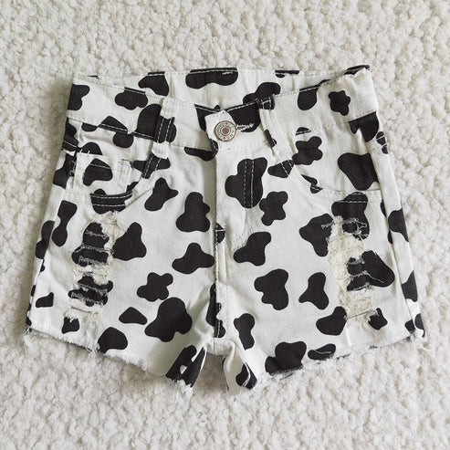 Girls Cow Print Denim Shorts