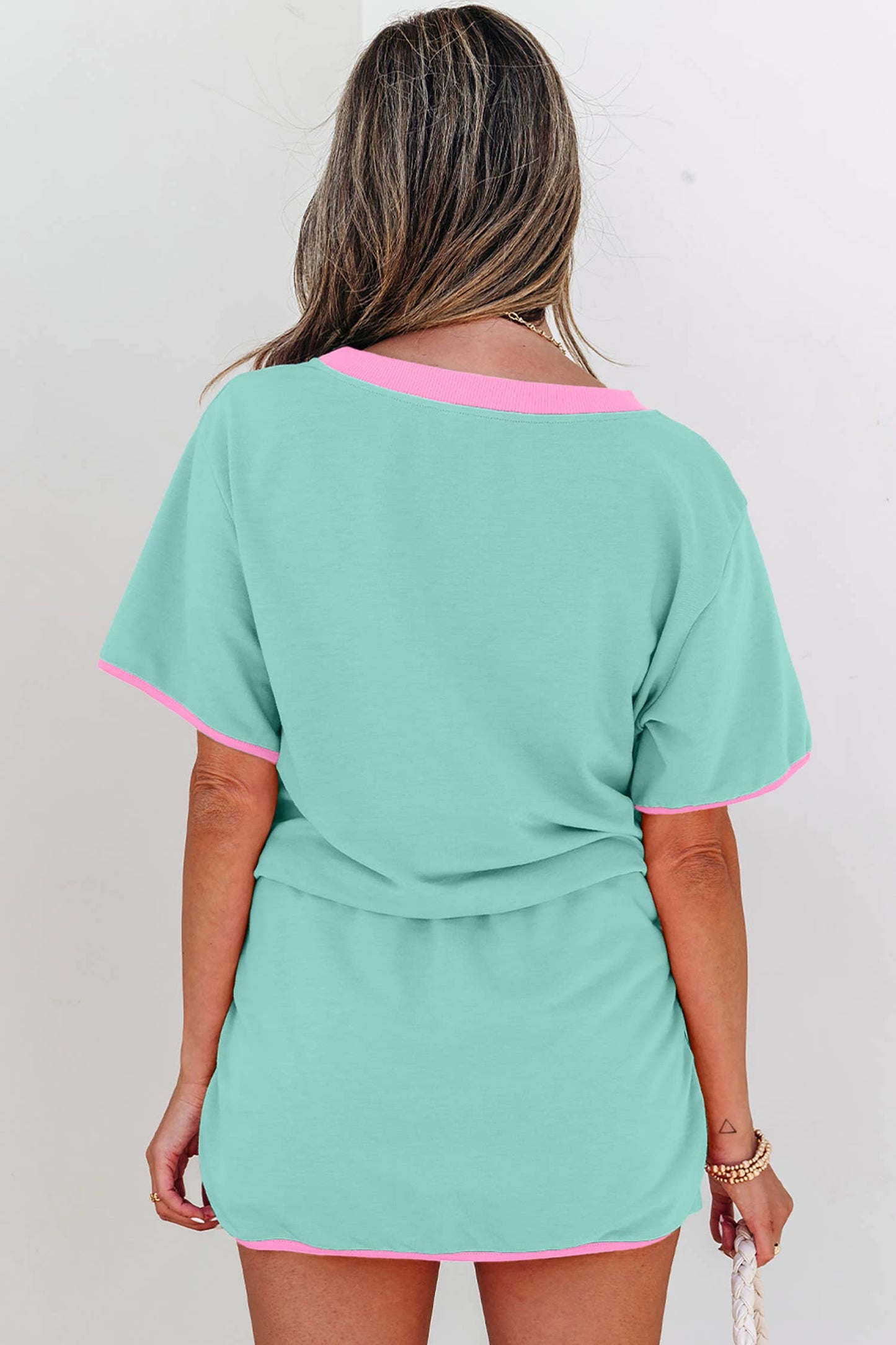 Colorblock Drop Shoulder T Shirt and Skort 2Pcs Set (S-XL)