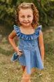 Girls Mid Wash Stretch Denim Off Shoulder Ruffle Dress