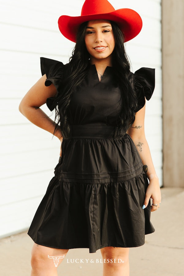 Black Short Sleeve Ruffle Western Dress