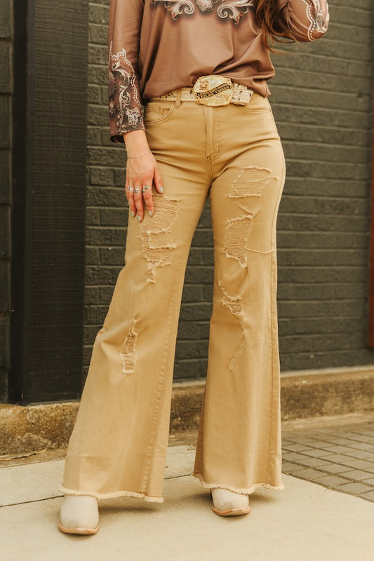 Camel Wash High Rise Distressed Wide Leg Jeans (33.5in Inseam)