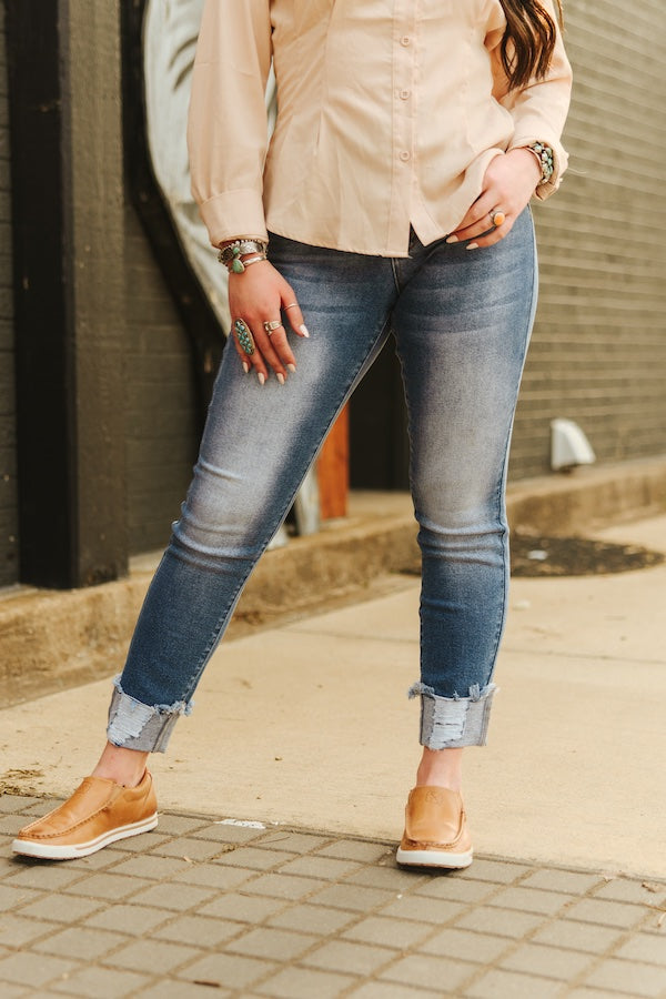 Mid Wash Mid Rise Distressed Cuffed Hem Skinny Jeans (28in Inseam)