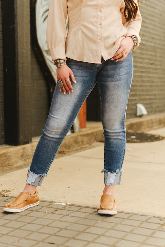 Mid Wash Mid Rise Distressed Cuffed Hem Skinny Jeans (28in Inseam)