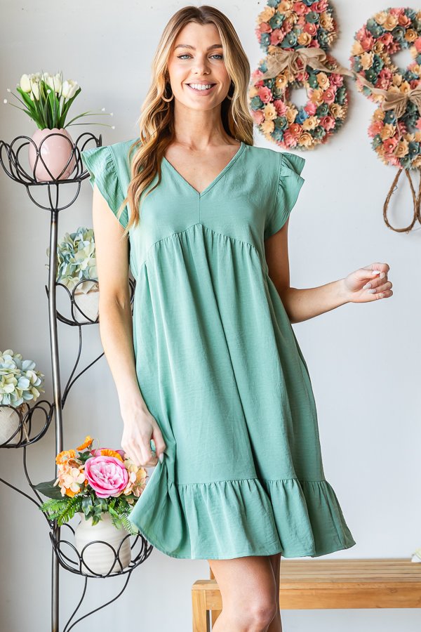 Cap Sleeve Dusty Sage Ruffle Dress