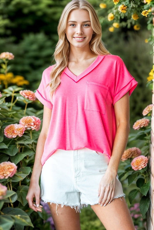 Neon Pink Ribbed Knit V-Neck