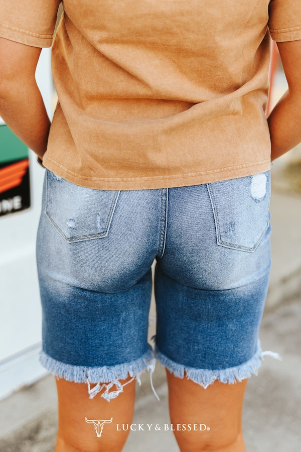 Mid Wash Distressed Frayed Hem High Rise Wide Leg Bermuda Shorts (9in Inseam) |