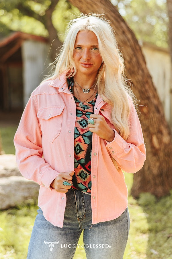 Pink Denim Pearl Snap Long Sleeve Shirt