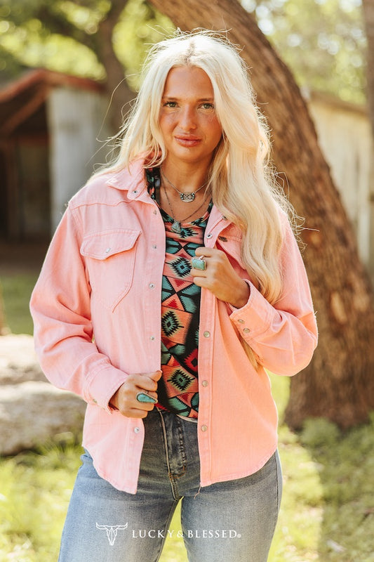 Pink Denim Pearl Snap Long Sleeve Shirt